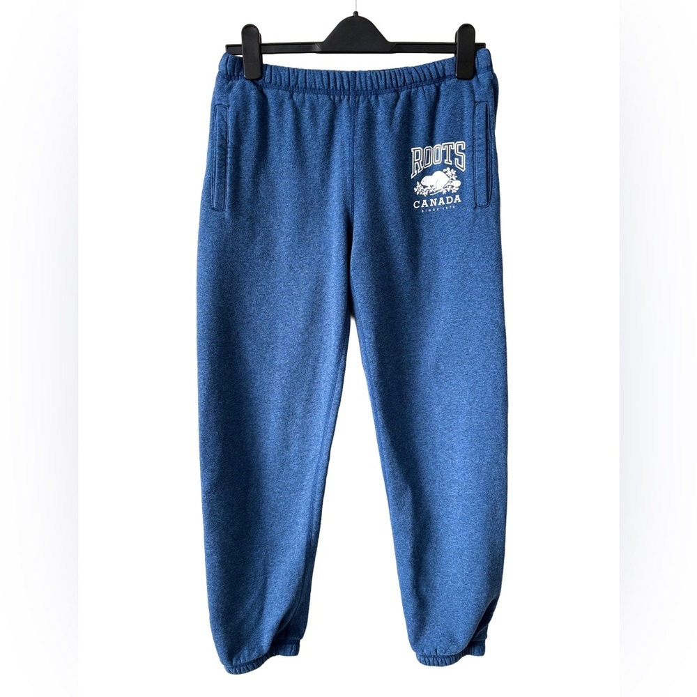 Roots Canada Beaver Logo Sweatpants Blue Fleece Joggers Women’s Small